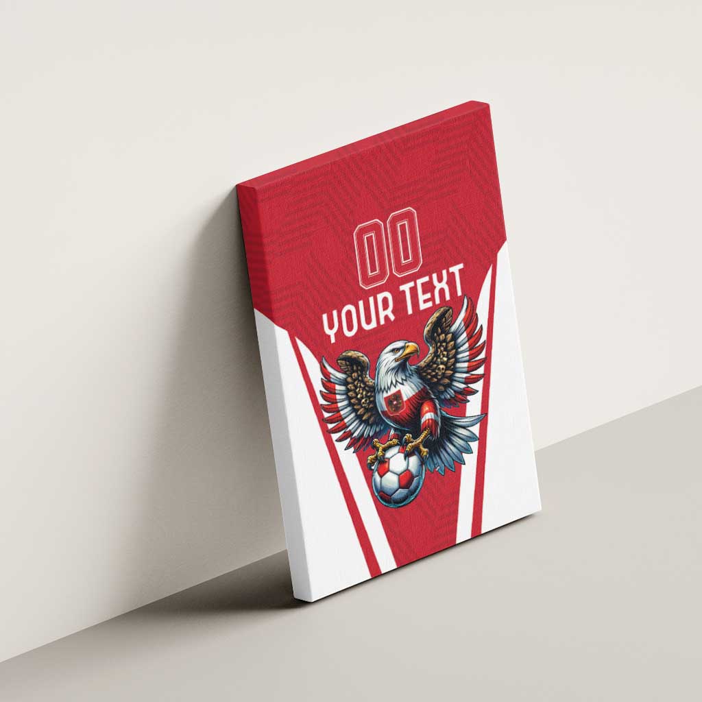 Red canvas wall art angled view, eagle mascot and soccer ball with 'YOUR TEXT' and '00'
