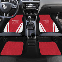 Red car floor mats pair with white diagonal stripes and “YOUR TEXT 00” design