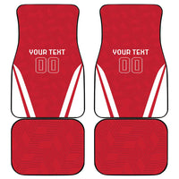 Set of four red car floor mats with white stripe accents and “YOUR TEXT 00”