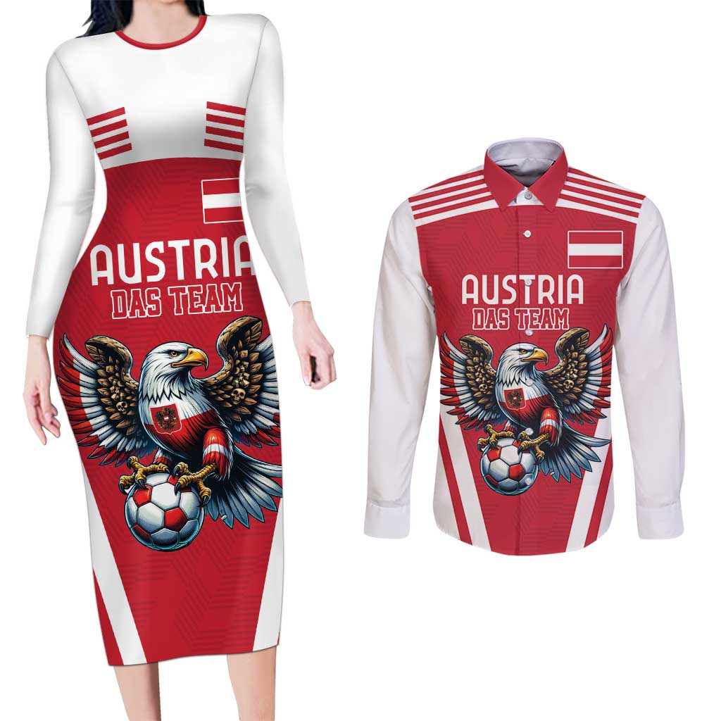 Custom Austria Football Couples Matching Long Sleeve Bodycon Dress and Long Sleeve Button Shirt Das Team With Eagle Mascot - Wonder Print Shop