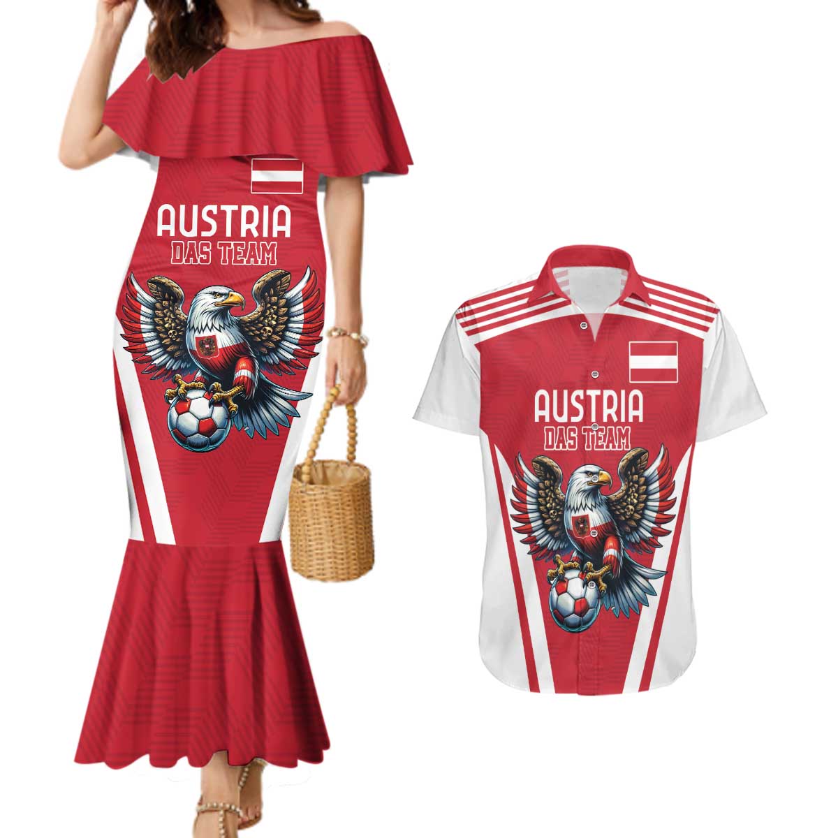 Custom Austria Football Couples Matching Mermaid Dress and Hawaiian Shirt Das Team With Eagle Mascot - Wonder Print Shop