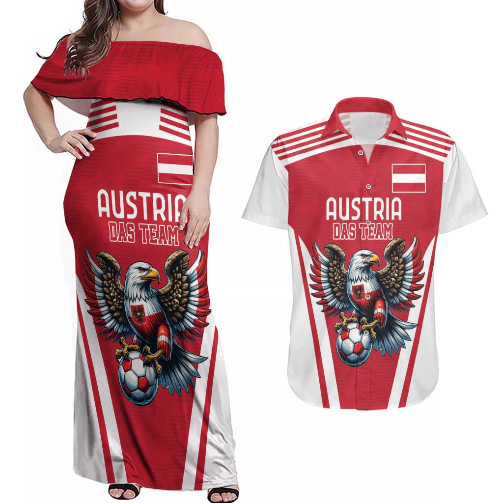 Custom Austria Football Couples Matching Off Shoulder Maxi Dress and Hawaiian Shirt Das Team With Eagle Mascot - Wonder Print Shop