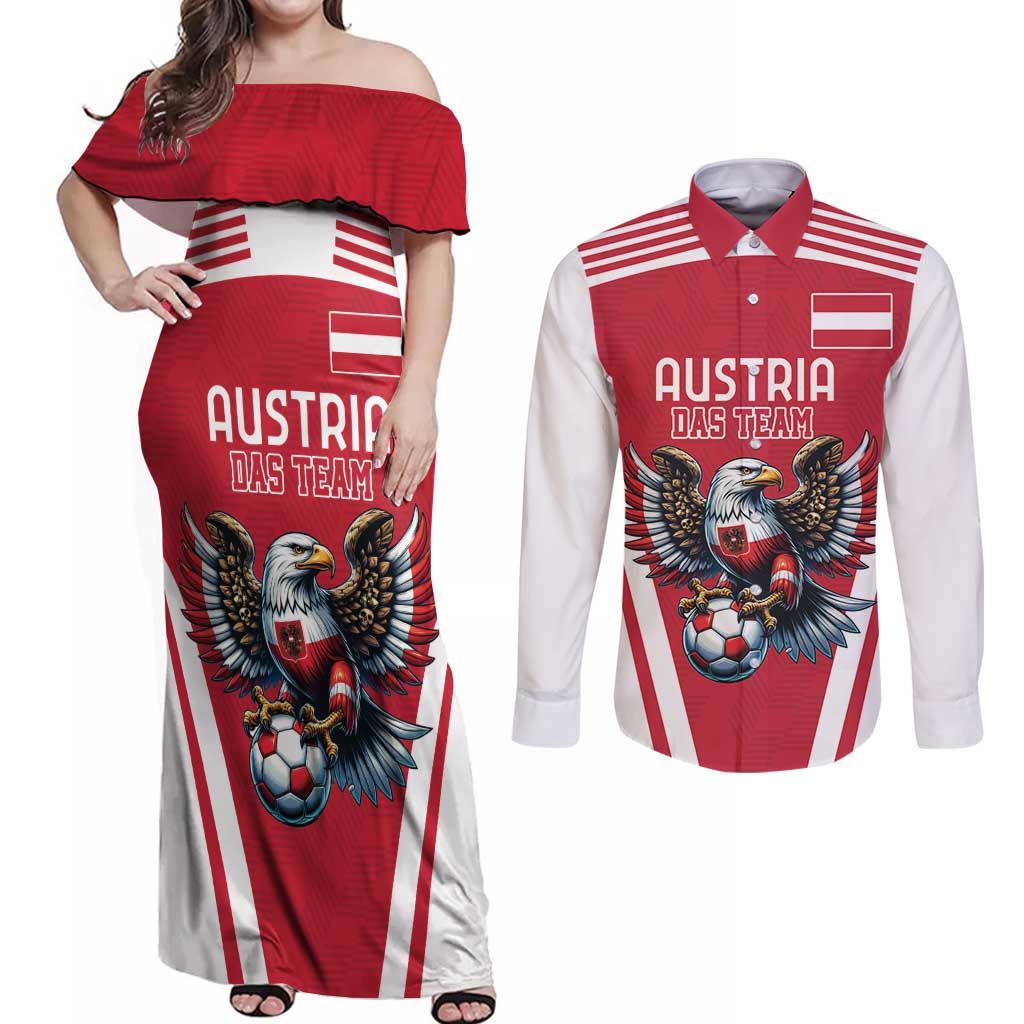 Custom Austria Football Couples Matching Off Shoulder Maxi Dress and Long Sleeve Button Shirt Das Team With Eagle Mascot - Wonder Print Shop