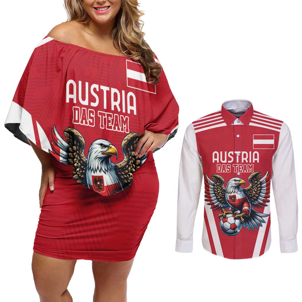 Custom Austria Football Couples Matching Off Shoulder Short Dress and Long Sleeve Button Shirt Das Team With Eagle Mascot - Wonder Print Shop