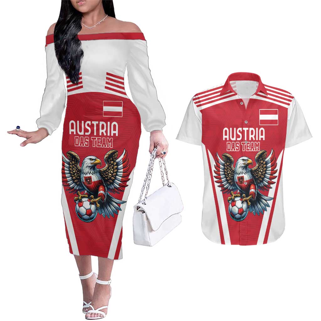 Custom Austria Football Couples Matching Off The Shoulder Long Sleeve Dress and Hawaiian Shirt Das Team With Eagle Mascot - Wonder Print Shop