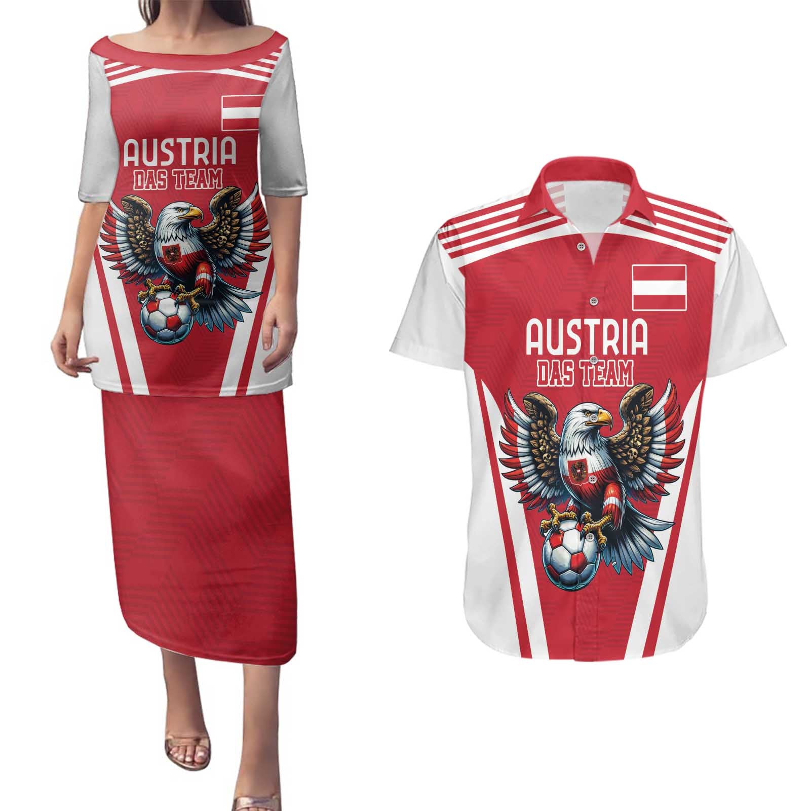 Custom Austria Football Couples Matching Puletasi and Hawaiian Shirt Das Team With Eagle Mascot - Wonder Print Shop