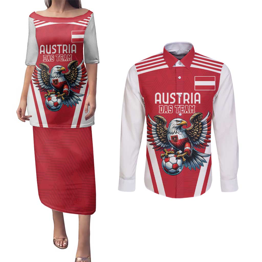 Custom Austria Football Couples Matching Puletasi and Long Sleeve Button Shirt Das Team With Eagle Mascot - Wonder Print Shop