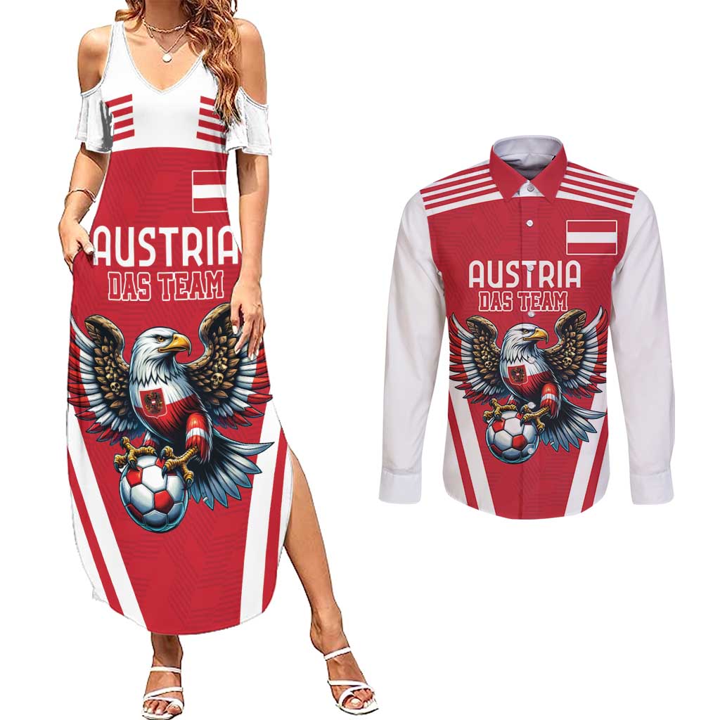 Custom Austria Football Couples Matching Summer Maxi Dress and Long Sleeve Button Shirt Das Team With Eagle Mascot - Wonder Print Shop