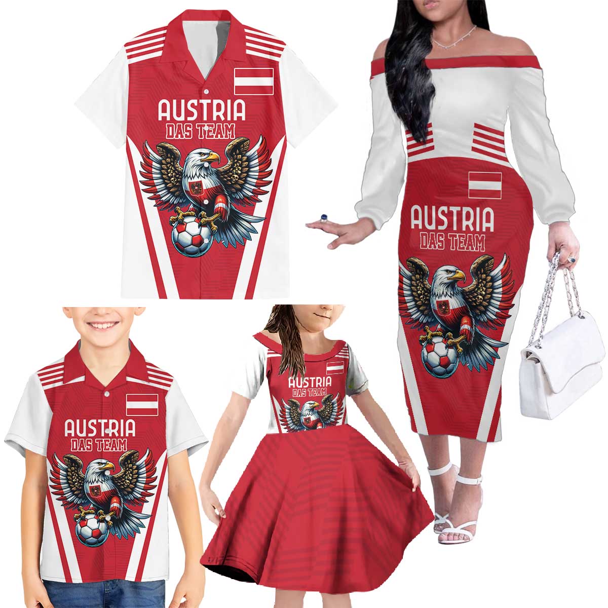 Custom Austria Football Family Matching Off The Shoulder Long Sleeve Dress and Hawaiian Shirt Das Team With Eagle Mascot - Wonder Print Shop