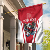 Red and white football garden flag with eagle mascot, soccer ball, and "YOUR TEXT"
