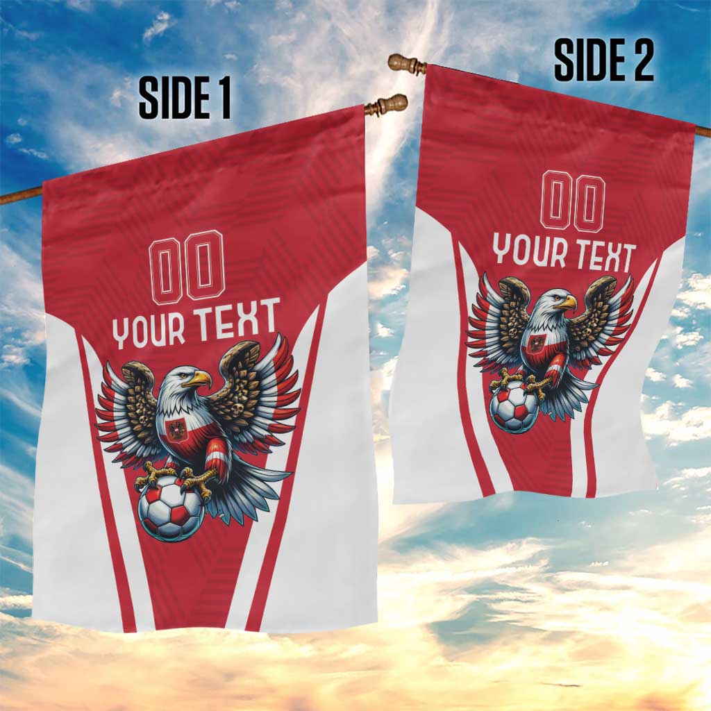 Two red and white football flags showing eagle mascot, soccer ball, and "YOUR TEXT"