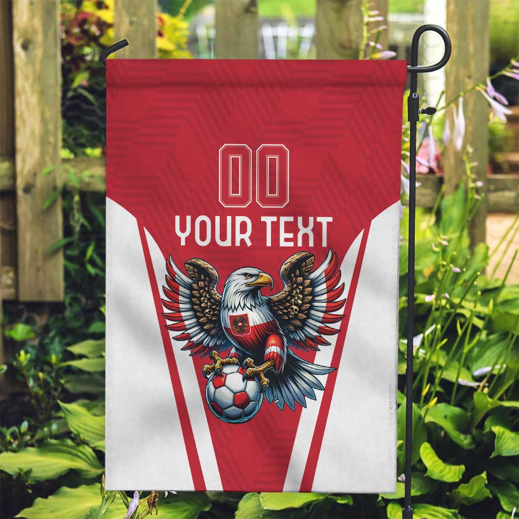 Red and white football garden flag with eagle mascot, soccer ball, and "YOUR TEXT"