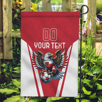 Red and white football garden flag with eagle mascot, soccer ball, and "YOUR TEXT"