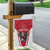 Red and white football flag on a pole with eagle mascot, soccer ball, and "YOUR TEXT"