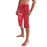 Red athletic shorts with side stripe and printed 00
