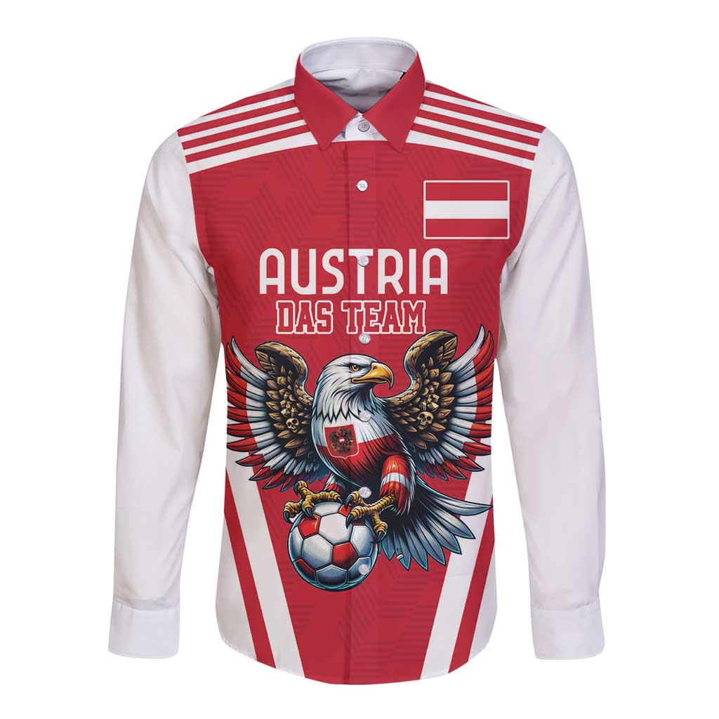 Red and white long-sleeve button football shirt with eagle mascot and striped panels