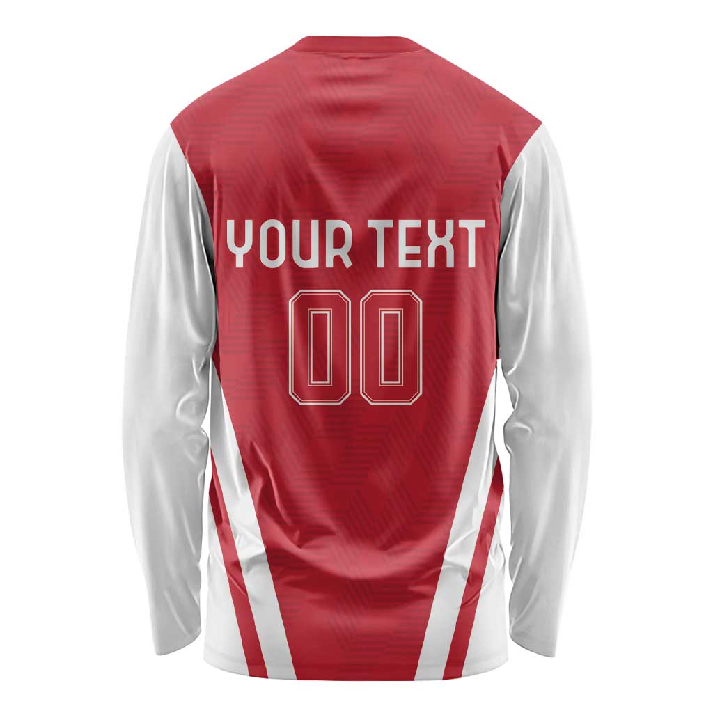 Red long-sleeve football shirt back with custom text 'YOUR TEXT' and number 00