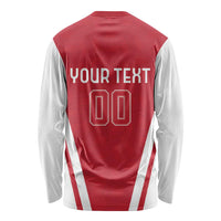 Red long-sleeve football shirt back with custom text 'YOUR TEXT' and number 00