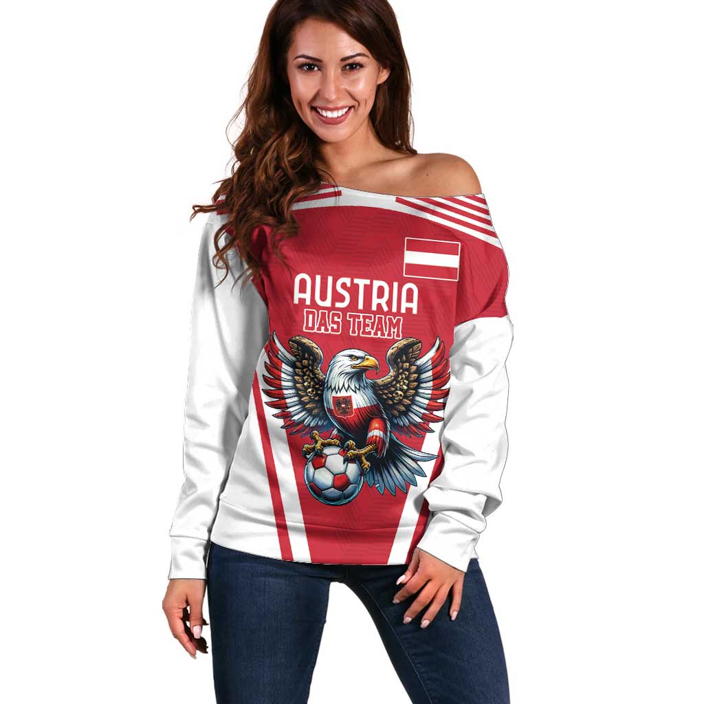 Women’s off-shoulder football sweater, red and white stripes with eagle mascot front