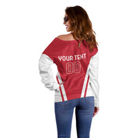 Women’s off-shoulder football sweater back view, red/white stripes with YOUR TEXT 00