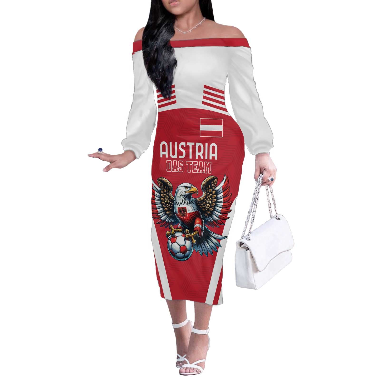 Custom Austria Football Off The Shoulder Long Sleeve Dress Das Team With Eagle Mascot - Wonder Print Shop