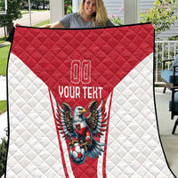 Red and white quilt with diamond stitching, eagle mascot graphic, and “Your Text”