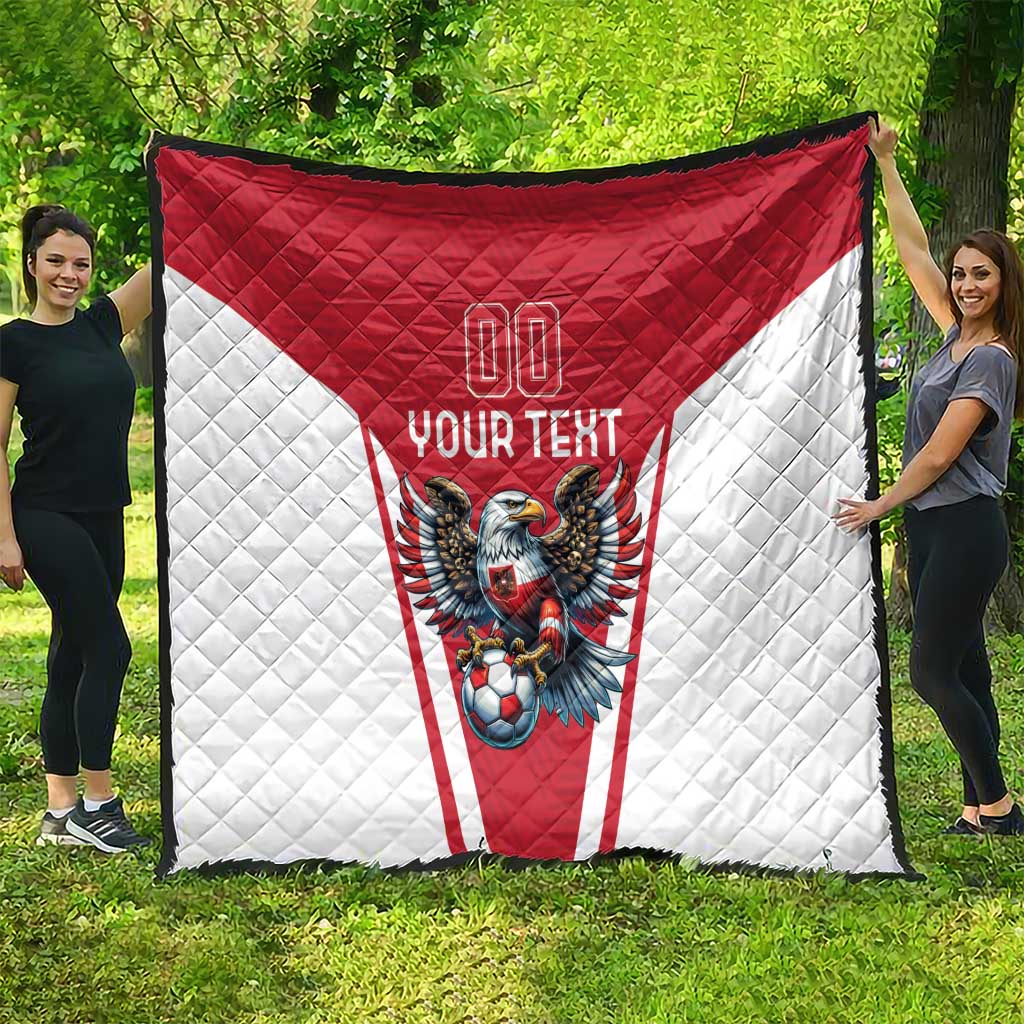 Red and white outdoor quilt with eagle mascot graphic and “Your Text”