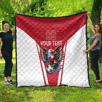 Red and white outdoor quilt with eagle mascot graphic and “Your Text”