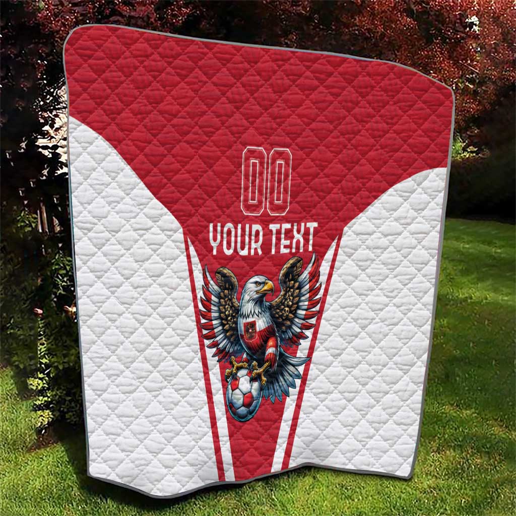 Red and white football-themed quilt with eagle mascot, “Your Text” and bold stripes