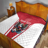 Red and white bed quilt with eagle mascot and “Your Text” over striped panel