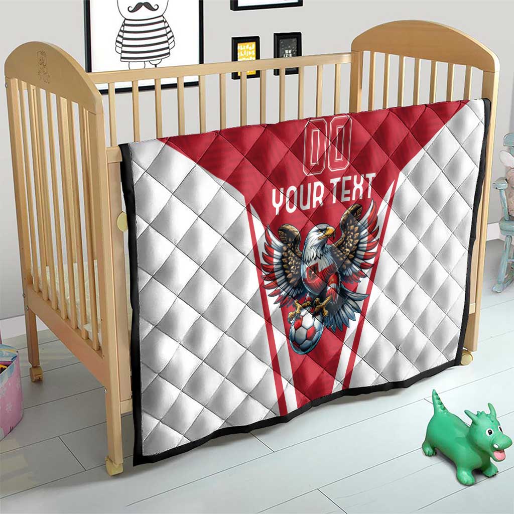 Red and white baby quilt with eagle mascot design and “Your Text”