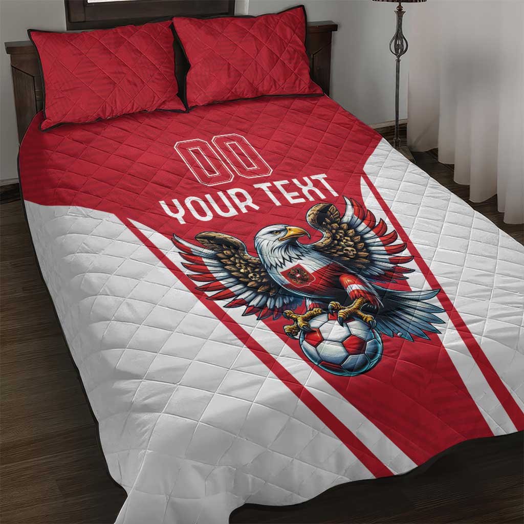 Red and white stitched quilt bed set with eagle mascot and football, two corner pillows
