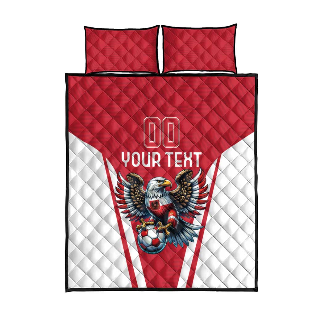 Red and white quilt bed set with eagle mascot, football design, and two-panel pillow set
