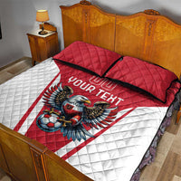 Red and white quilt bed set with eagle mascot and football print, two matching pillows