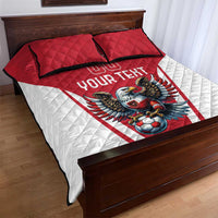 Red and white quilt bed set with eagle mascot and football graphic, two matching pillows