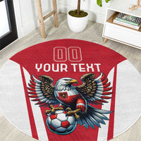 Round red and white football rug with eagle mascot, soccer ball, and “YOUR TEXT”
