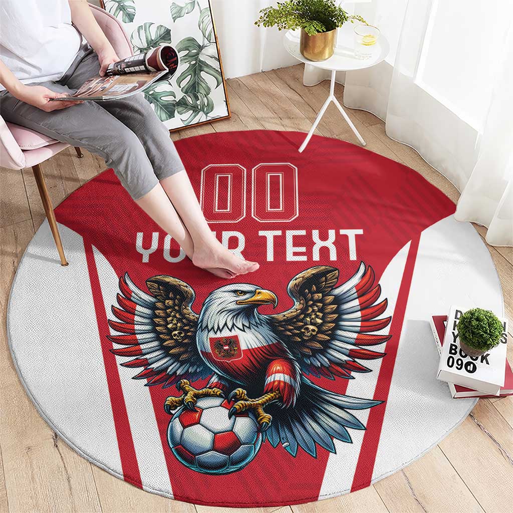 Round football rug with eagle and soccer ball graphic, red center with “YOUR TEXT”