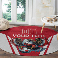 Round eagle football rug with “YOUR TEXT” and soccer ball motif on red center