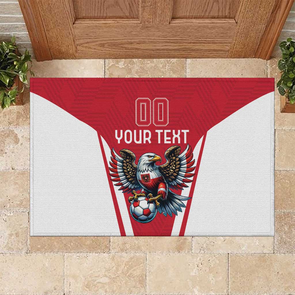 Red rubber doormat with eagle mascot, soccer ball graphic, 'YOUR TEXT'.