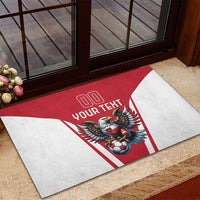 Red rubber doormat featuring eagle mascot and soccer ball in a red top panel.