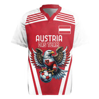 Red and white striped football rugby jersey with eagle mascot crest front
