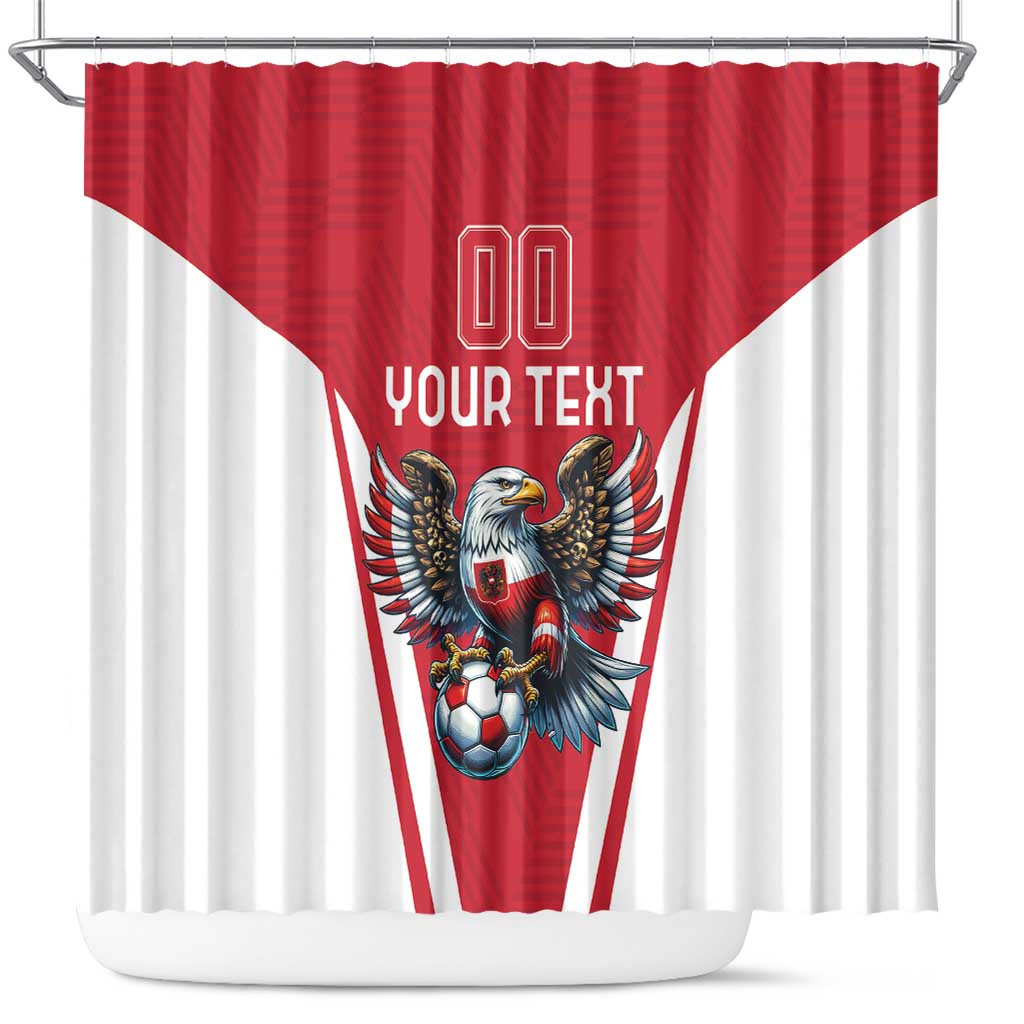 Red shower curtain with triangular design, eagle mascot and your custom text, top hooks