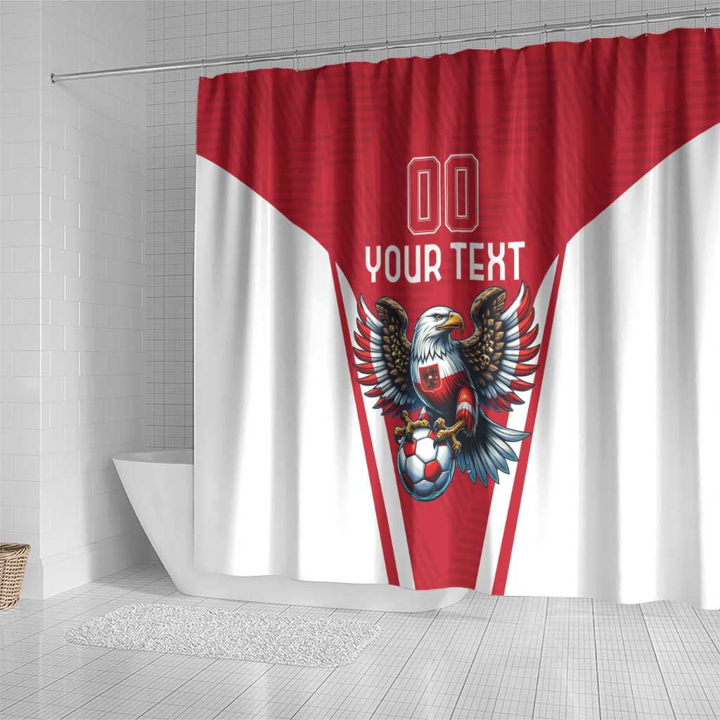 Red and white soccer eagle shower curtain with center emblem and your custom text