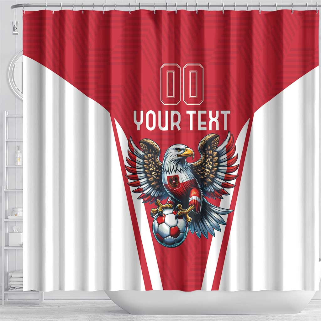 Red shower curtain with eagle holding soccer ball graphic and your custom text, top rings