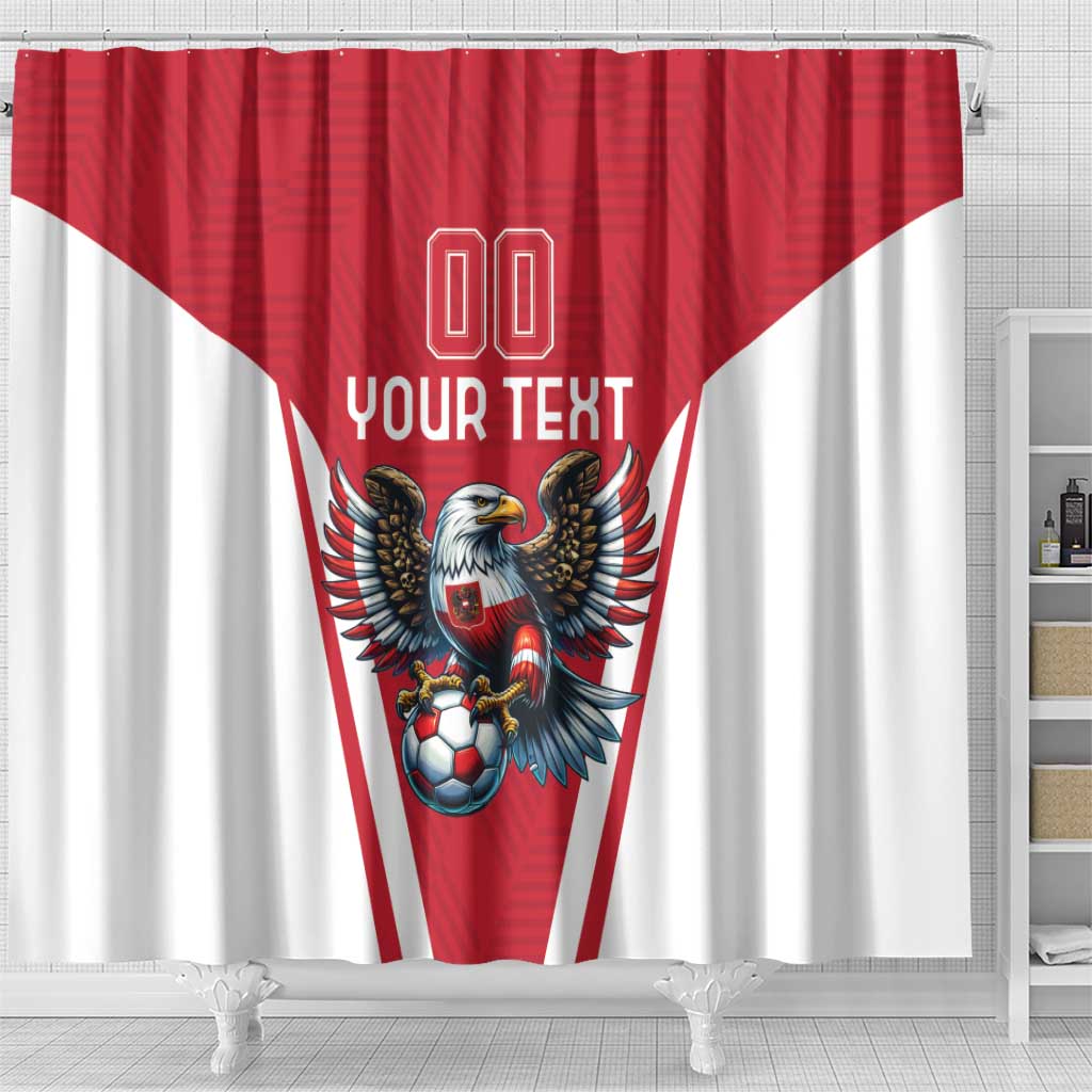 Red shower curtain featuring an eagle holding a soccer ball with your custom text