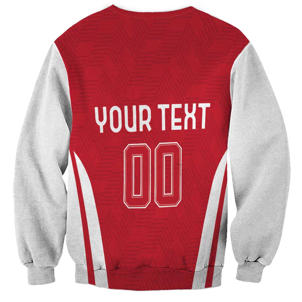 Red unisex football sweatshirt back with 'YOUR TEXT' and number 00, white stripe panels