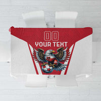 Red and white football tablecloth with eagle soccer mascot and 'YOUR TEAM' text