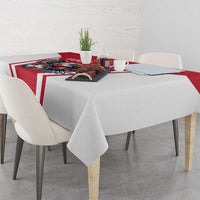 Red and white football tablecloth on dining table with plates and eagle 'YOUR TEAM' design
