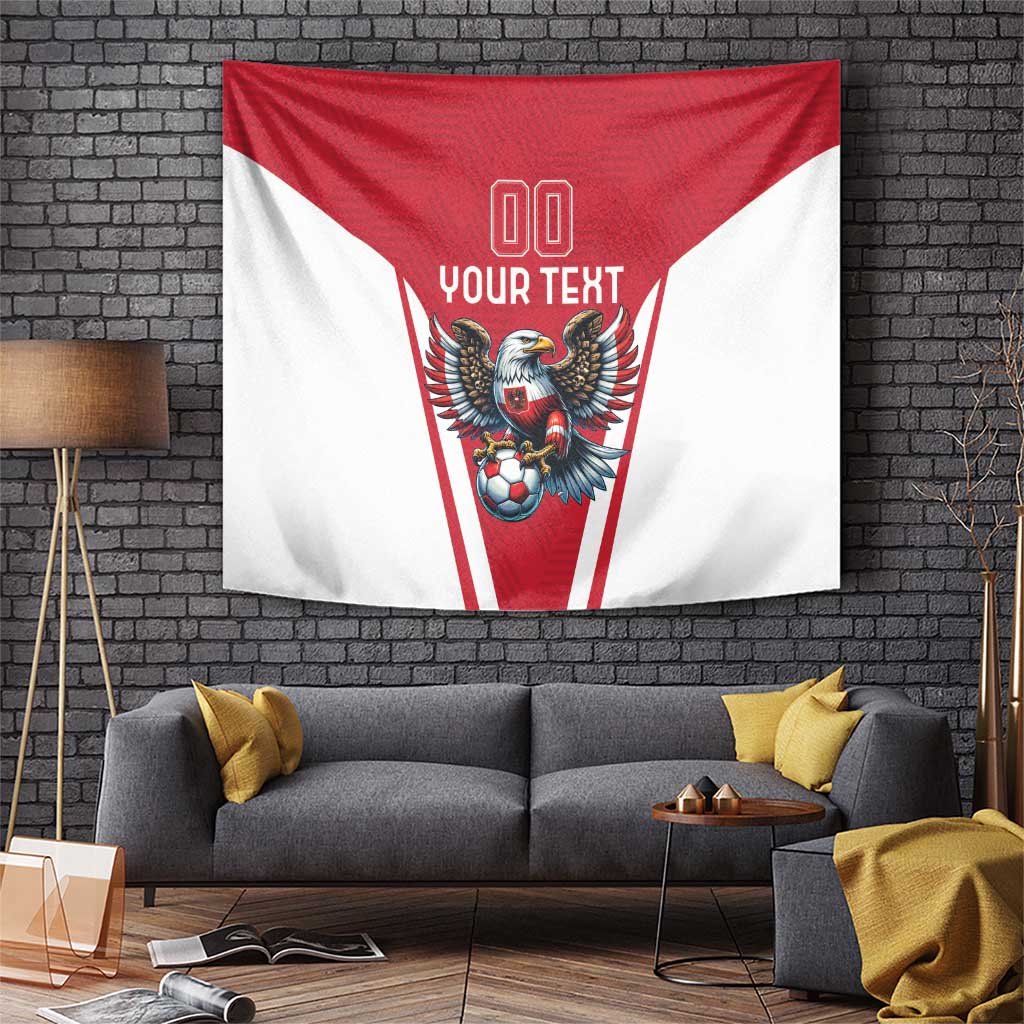 Red and white football tapestry banner with eagle mascot and “YOUR TEXT” in the center
