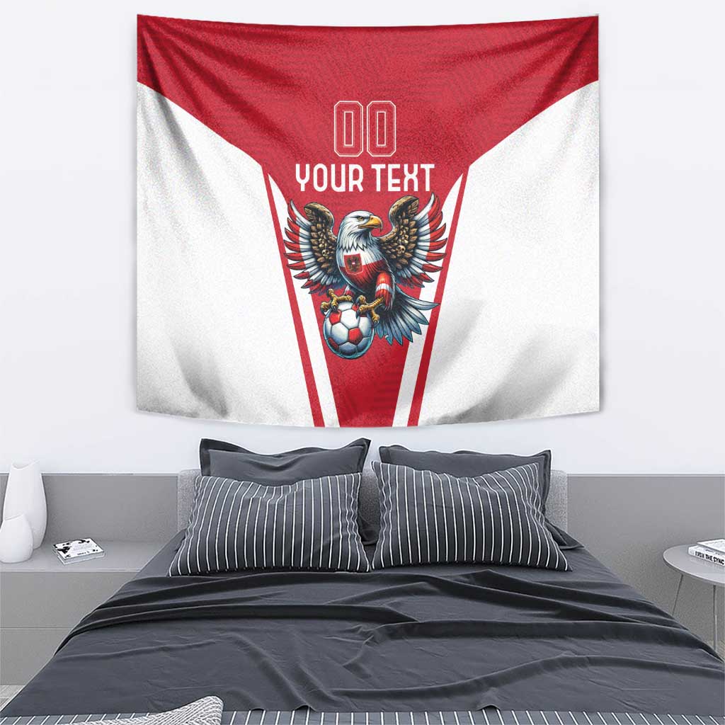 Red and white eagle mascot tapestry with “YOUR TEXT” at the top and soccer graphic below